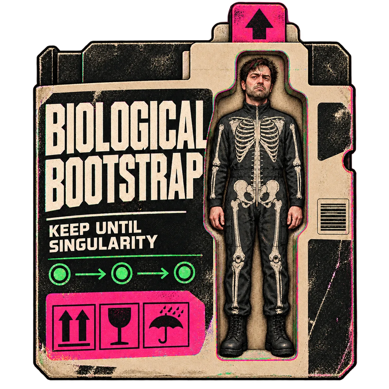 BIOLOGICAL BOOTSTRAP: an unimpressed person in a skeleton-print coverall is packaged inside an obsolete software sleeve. KEEP UNTIL SINGULARITY
