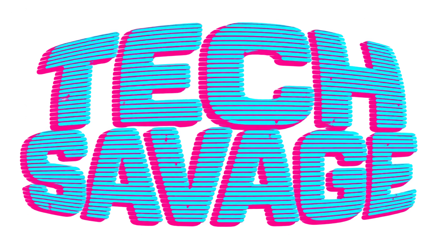 TECH SAVAGE in rounded, bowed lettering made of cyan scanlines over an offset magenta impression, like a curved CRT screen.