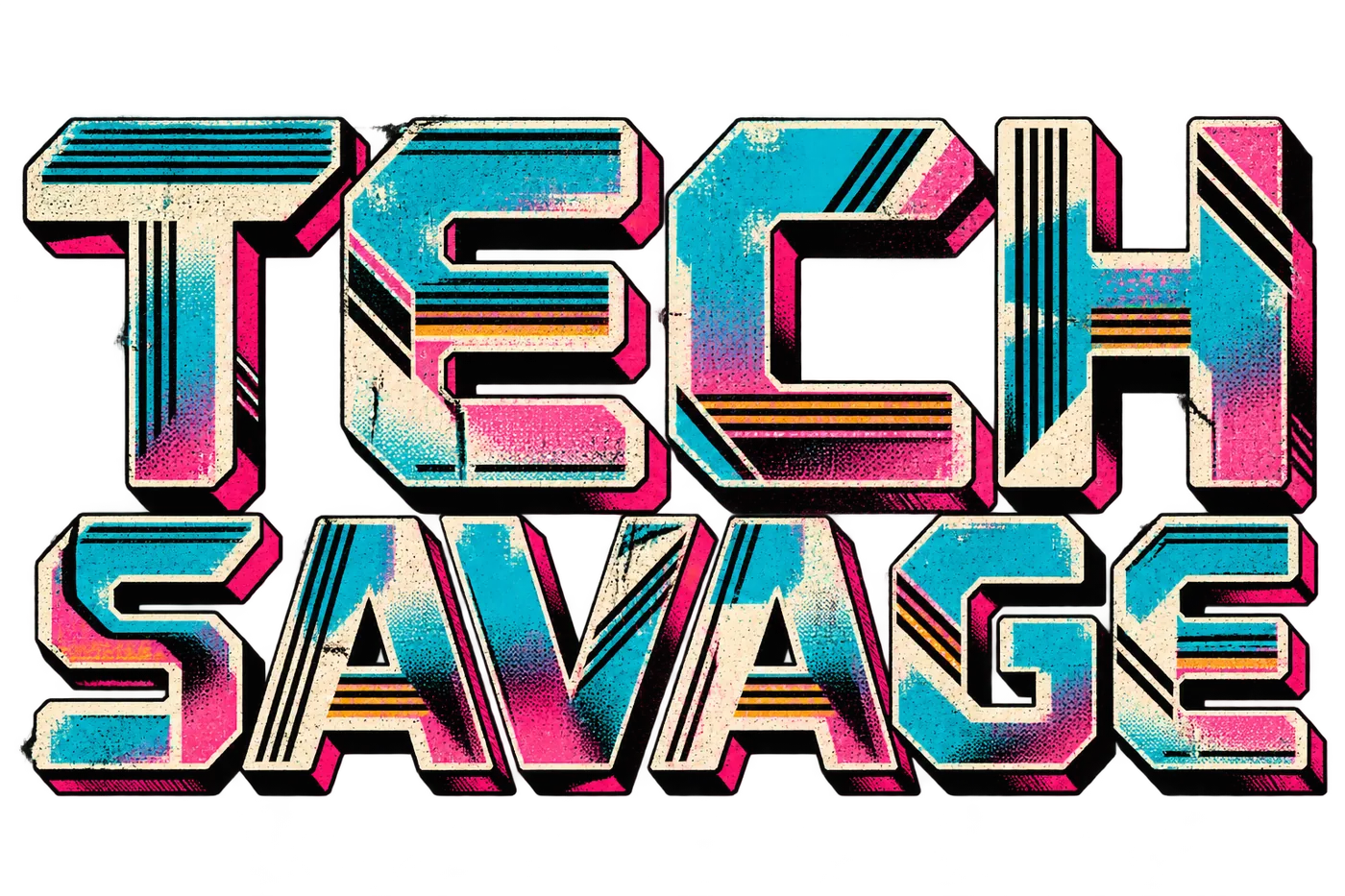 TECH SAVAGE in angular sci-fi lettering with off-white edges, cyan and hot-pink halftones, amber stripes and worn print texture.