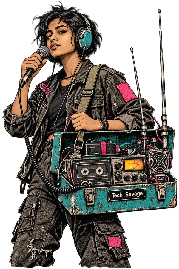 Broadcast Pirate: a young South Asian woman in bulky wired headphones and a patched jacket speaks into a handheld microphone, carrying a homemade transmitter built into an open metal toolbox, with a cassette deck, an analogue meter, a fan grille and two telescopic aerials. Tech|Savage is on a plate on the toolbox.