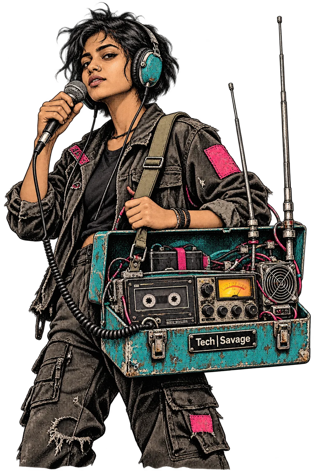 Broadcast Pirate: a young South Asian woman in bulky wired headphones and a patched jacket speaks into a handheld microphone, carrying a homemade transmitter built into an open metal toolbox, with a cassette deck, an analogue meter, a fan grille and two telescopic aerials. Tech|Savage is on a plate on the toolbox.