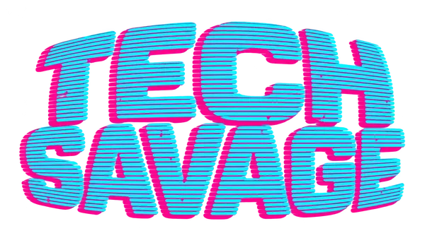 TECH SAVAGE in rounded, bowed lettering made of cyan scanlines over an offset magenta impression, like a curved CRT screen.