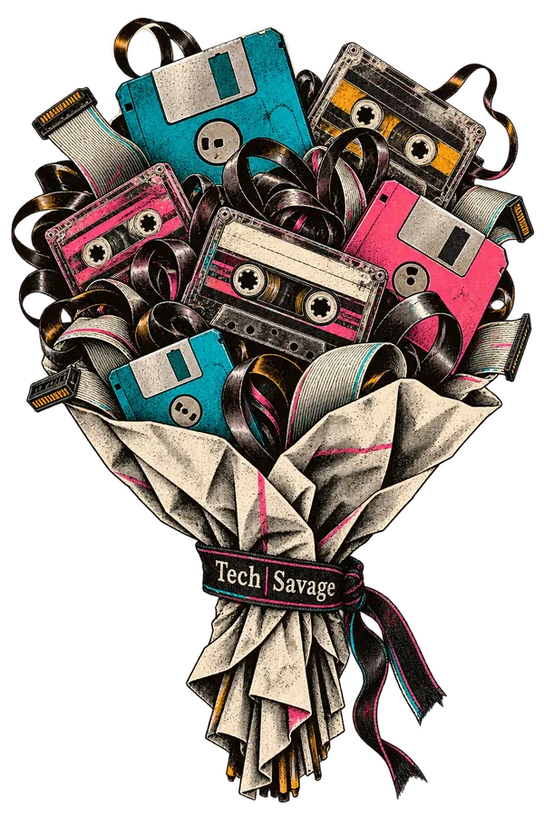Dead Media Bouquet: a funeral bouquet made of obsolete media, with floppy disks and audio cassettes for flower heads, folded ribbon cables for leaves and curls of magnetic tape for tendrils, gathered in crinkled paper wrapping tied with a Tech|Savage band.