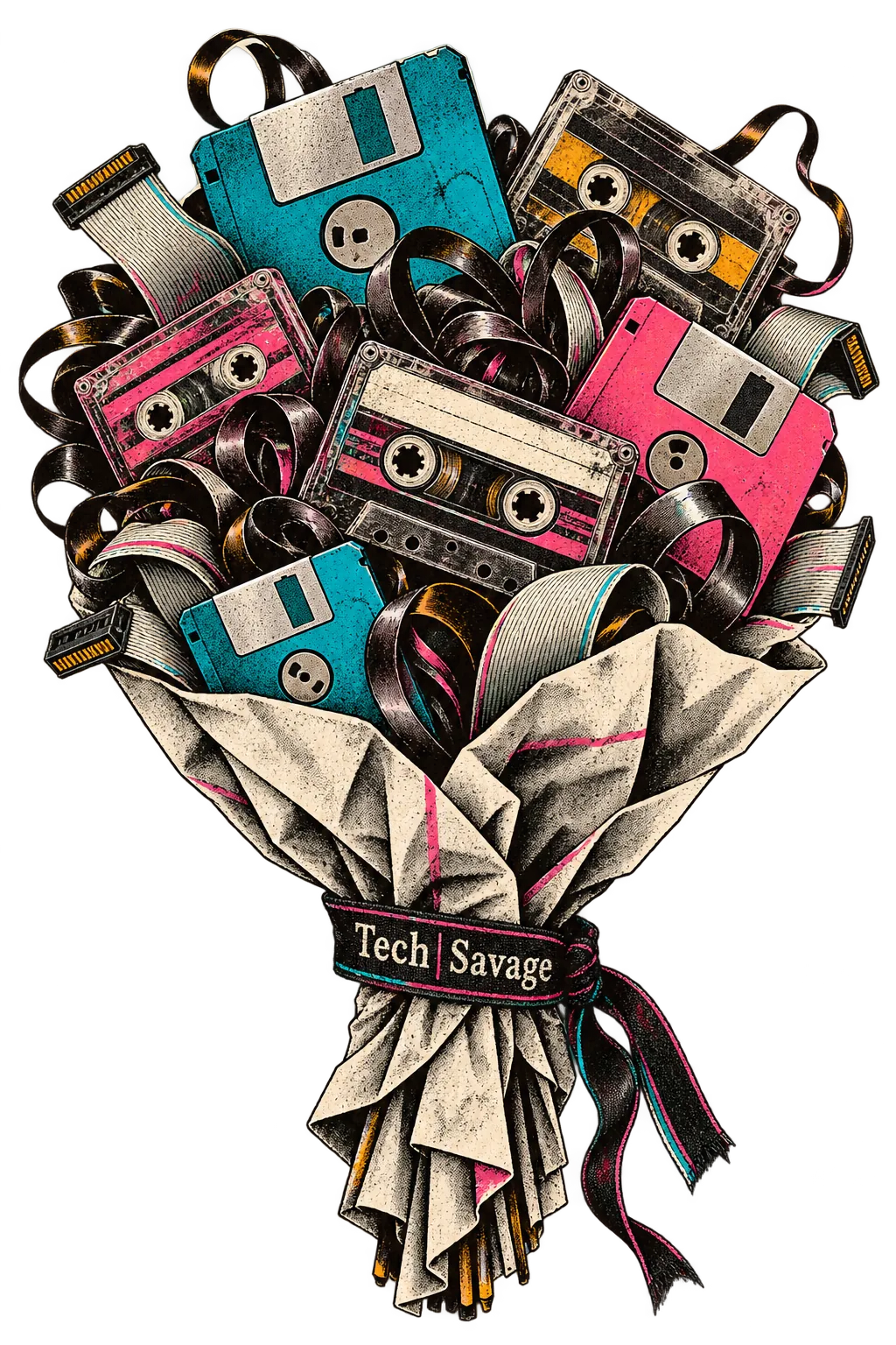Dead Media Bouquet: a funeral bouquet made of obsolete media, with floppy disks and audio cassettes for flower heads, folded ribbon cables for leaves and curls of magnetic tape for tendrils, gathered in crinkled paper wrapping tied with a Tech|Savage band.