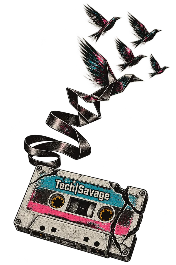 Escape Sequence: a cracked audio cassette labelled Tech|Savage spills a ribbon of magnetic tape that curls upwards, folds into angular paper-bird shapes and becomes a small flock of birds flying free.