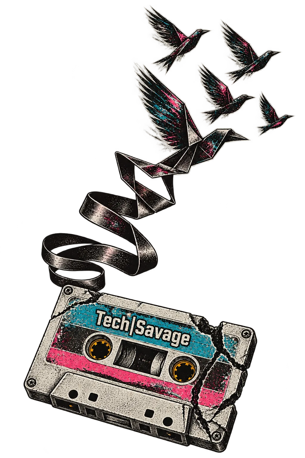 Escape Sequence: a cracked audio cassette labelled Tech|Savage spills a ribbon of magnetic tape that curls upwards, folds into angular paper-bird shapes and becomes a small flock of birds flying free.