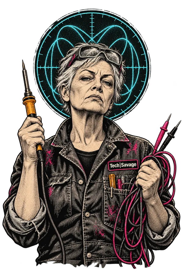 The Field Saint: an unimpressed older woman technician in a battered work jacket, safety specs pushed up into short grey hair, holds a soldering iron upright in one hand and a tangle of multimeter test leads in the other. A cyan oscilloscope trace loops behind her head like a halo, and a Tech|Savage patch sits on her jacket.