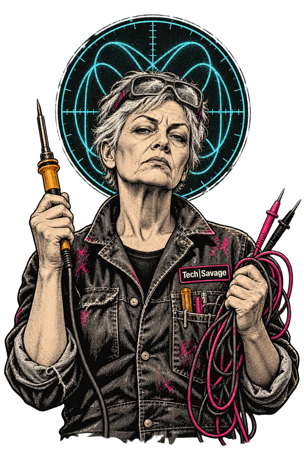 The Field Saint: an unimpressed older woman technician in a battered work jacket, safety specs pushed up into short grey hair, holds a soldering iron upright in one hand and a tangle of multimeter test leads in the other. A cyan oscilloscope trace loops behind her head like a halo, and a Tech|Savage patch sits on her jacket.