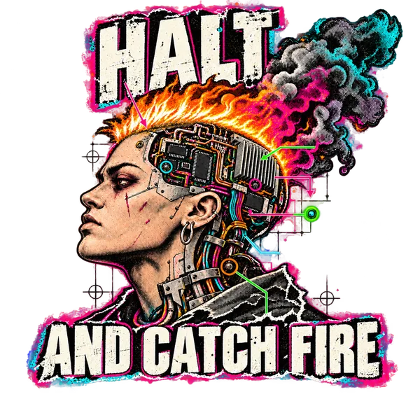 HALT AND CATCH FIRE: a human profile with an exposed cybernetic brain and a flame-and-smoke mohawk, framed by the main title with no secondary line.