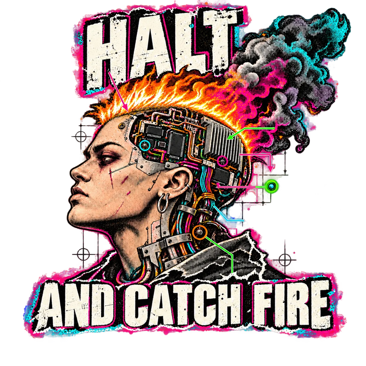 HALT AND CATCH FIRE: a human profile with an exposed cybernetic brain and a flame-and-smoke mohawk, framed by the main title with no secondary line.