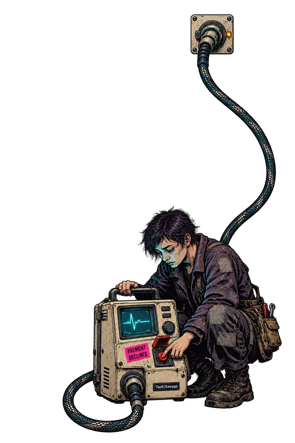 Life Support as a Service: a crouching technician operates a battered portable life-support machine showing a heartbeat and a PAYMENT DECLINED notice, tethered by a long cable to a socket high above.