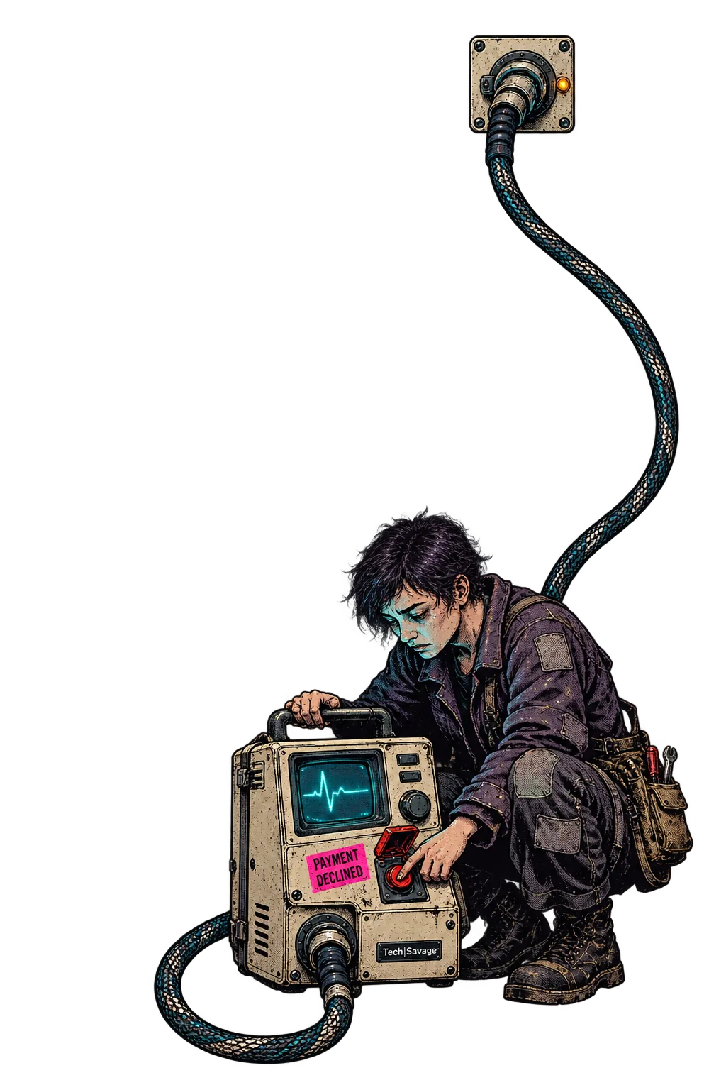 Life Support as a Service: a crouching technician operates a battered portable life-support machine showing a heartbeat and a PAYMENT DECLINED notice, tethered by a long cable to a socket high above.