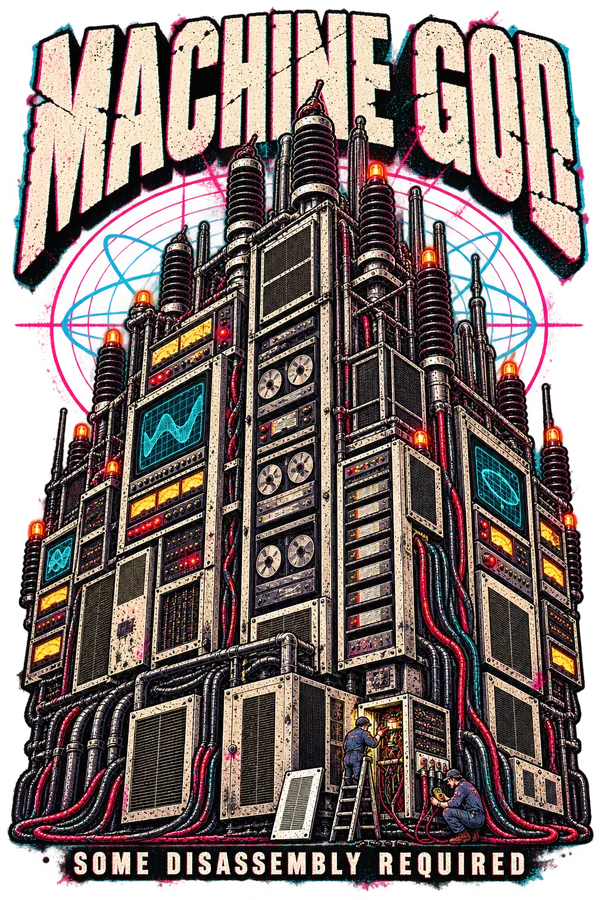 MACHINE GOD: an immense cathedral-like stack of mainframes, broadcast racks, analogue meters, CRTs, cables and warning lamps towers above two tiny technicians servicing an open panel. The footer reads SOME DISASSEMBLY REQUIRED.