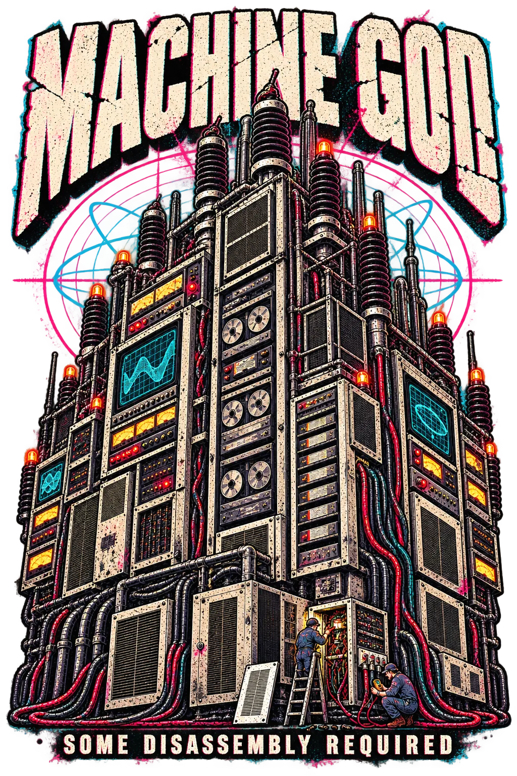 MACHINE GOD: an immense cathedral-like stack of mainframes, broadcast racks, analogue meters, CRTs, cables and warning lamps towers above two tiny technicians servicing an open panel. The footer reads SOME DISASSEMBLY REQUIRED.