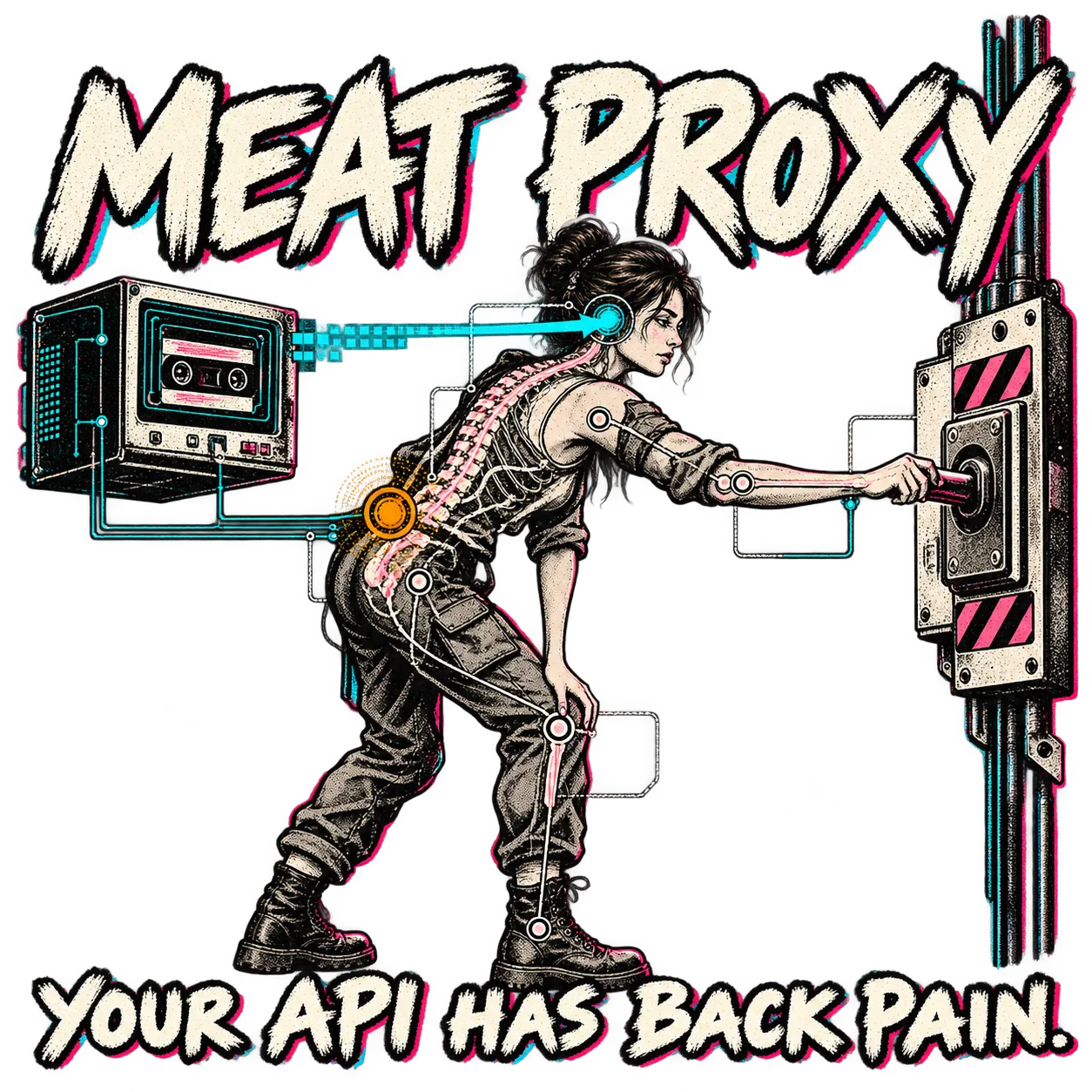MEAT PROXY: a human receives a cyan machine signal and pulls a physical switch, with an amber lower-back fault callout. YOUR API HAS BACK PAIN.