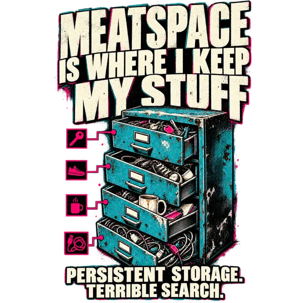MEATSPACE IS WHERE I KEEP MY STUFF: a filing cabinet stores keys, shoes, a mug and tangled cables. PERSISTENT STORAGE. TERRIBLE SEARCH.