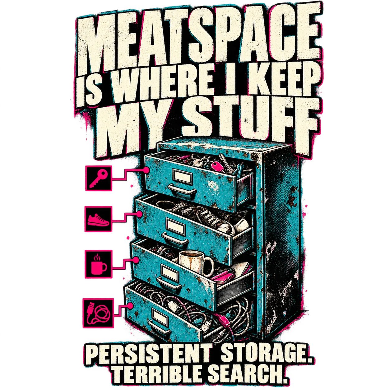 MEATSPACE IS WHERE I KEEP MY STUFF: a filing cabinet stores keys, shoes, a mug and tangled cables. PERSISTENT STORAGE. TERRIBLE SEARCH.
