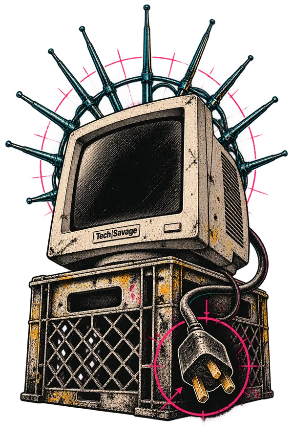 The Oracle: a chunky beige CRT monitor with a dark, blank screen sits on a battered plastic milk crate like a shrine, ringed by a halo of telescopic aerials. Its mains cable loops round to a three-pin plug hanging unplugged in front, circled in pink. Tech|Savage is on the monitor’s maker’s plate.