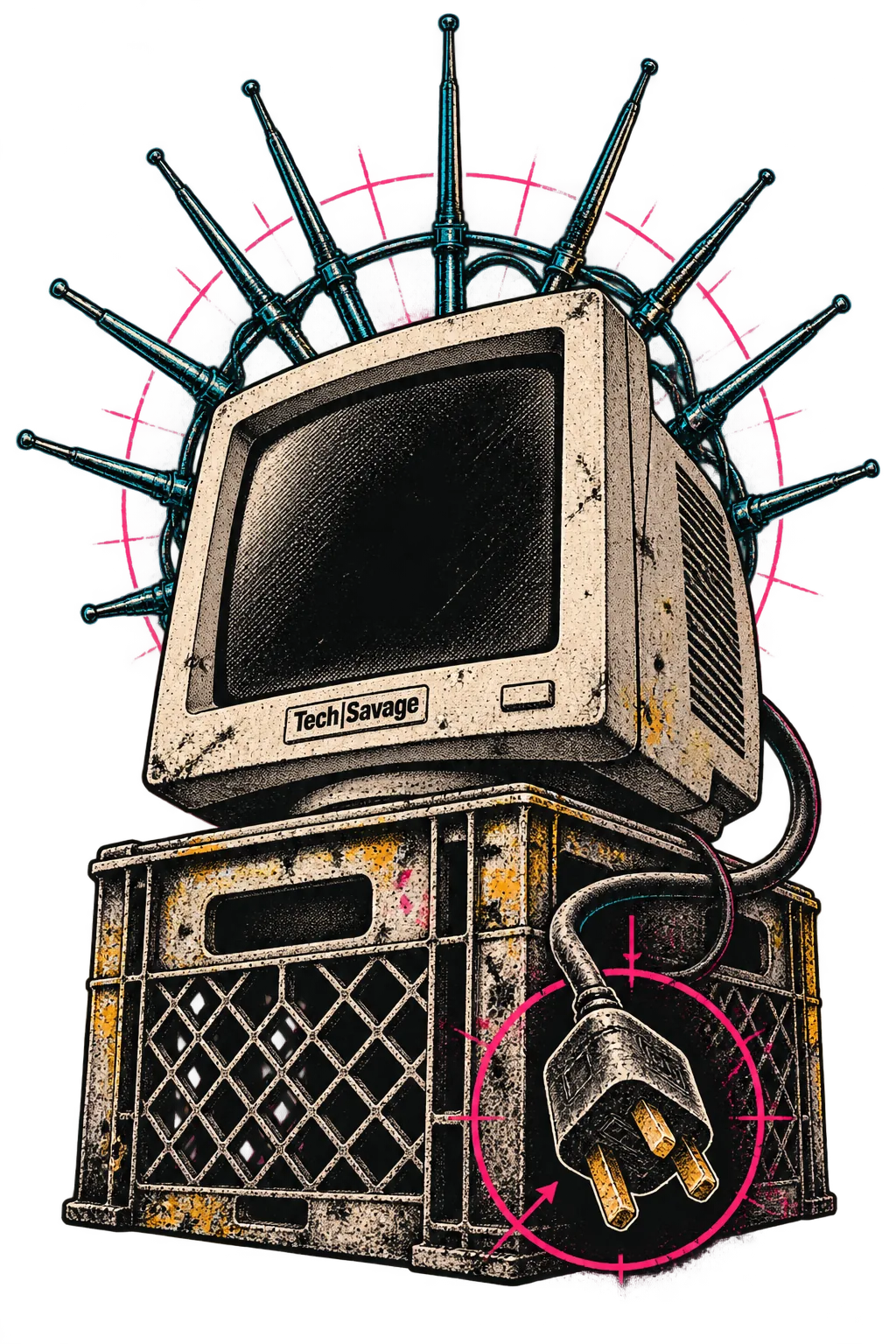 The Oracle: a chunky beige CRT monitor with a dark, blank screen sits on a battered plastic milk crate like a shrine, ringed by a halo of telescopic aerials. Its mains cable loops round to a three-pin plug hanging unplugged in front, circled in pink. Tech|Savage is on the monitor’s maker’s plate.