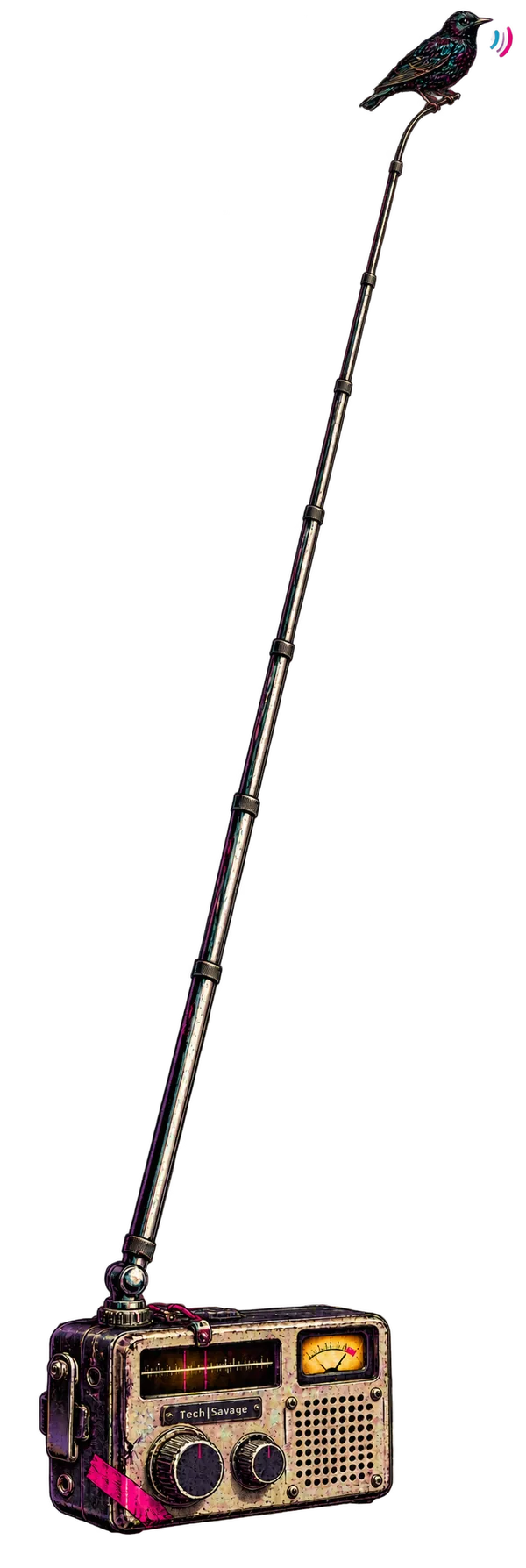 Out of Band: a battered portable radio sits near the bottom edge while an extremely long telescopic aerial reaches towards the shoulder, where a black bird broadcasts from its tip.