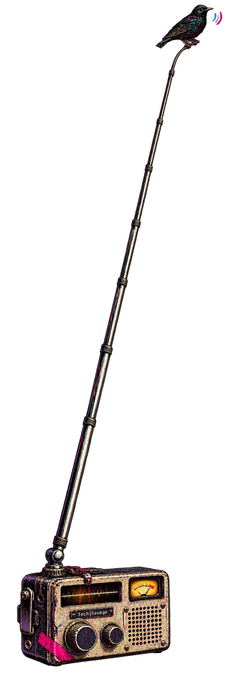 Out of Band: a battered portable radio sits near the bottom edge while an extremely long telescopic aerial reaches towards the shoulder, where a black bird broadcasts from its tip.