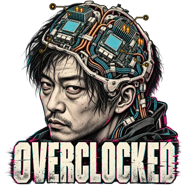 OVERCLOCKED: a living person's open cranial casing exposes a cybernetic brain made of processors, heat sinks and cable bundles, with amber thermal callouts.