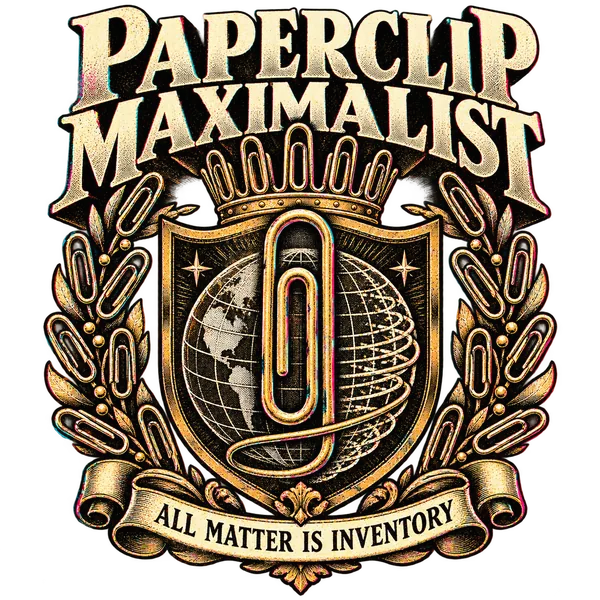 PAPERCLIP MAXIMALIST: a paperclip crown and wreath surround a globe unravelling into wire. The crest's integral ribbon reads ALL MATTER IS INVENTORY.