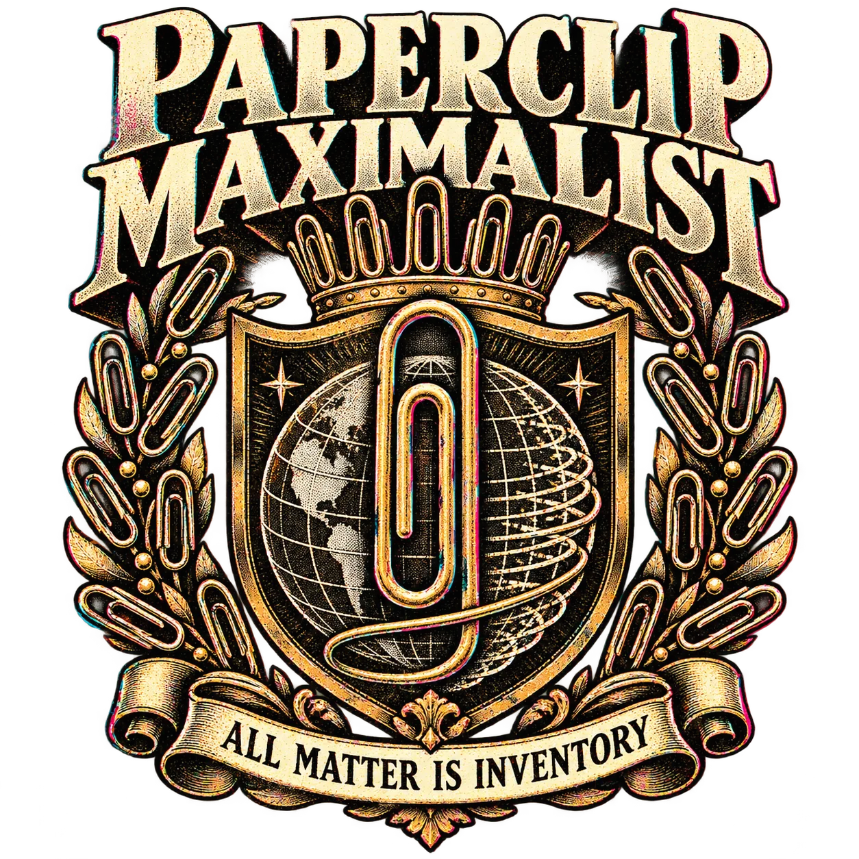 PAPERCLIP MAXIMALIST: a paperclip crown and wreath surround a globe unravelling into wire. The crest's integral ribbon reads ALL MATTER IS INVENTORY.