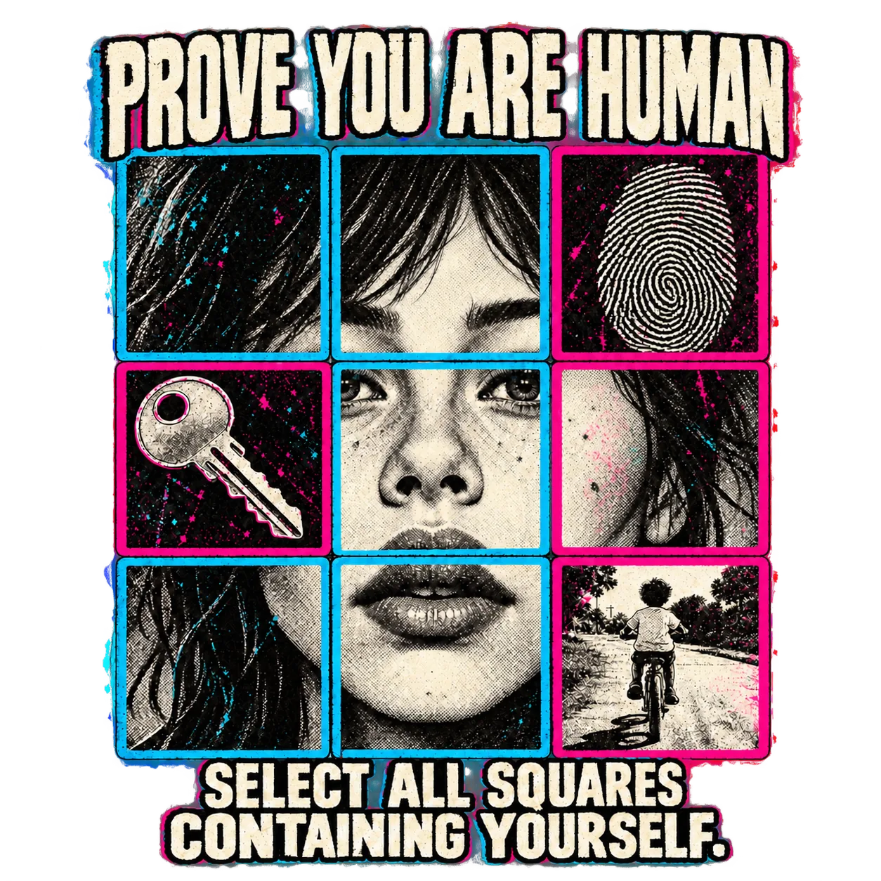 PROVE YOU ARE HUMAN: a nine-tile CAPTCHA fragments a person's face with a fingerprint, key and cycling memory. SELECT ALL SQUARES CONTAINING YOURSELF.