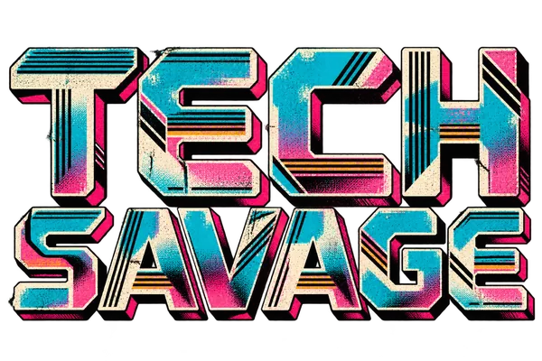TECH SAVAGE in angular sci-fi lettering with off-white edges, cyan and hot-pink halftones, amber stripes and worn print texture.