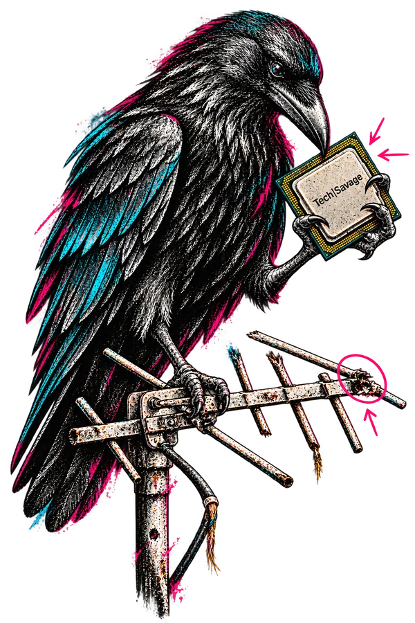 Signal Thief: a raven inked in black with pink and cyan highlights perches on a broken, rusting TV aerial, gripping a computer chip stamped Tech|Savage in its beak and claw. Pink circles and arrows mark the chip and the snapped aerial.