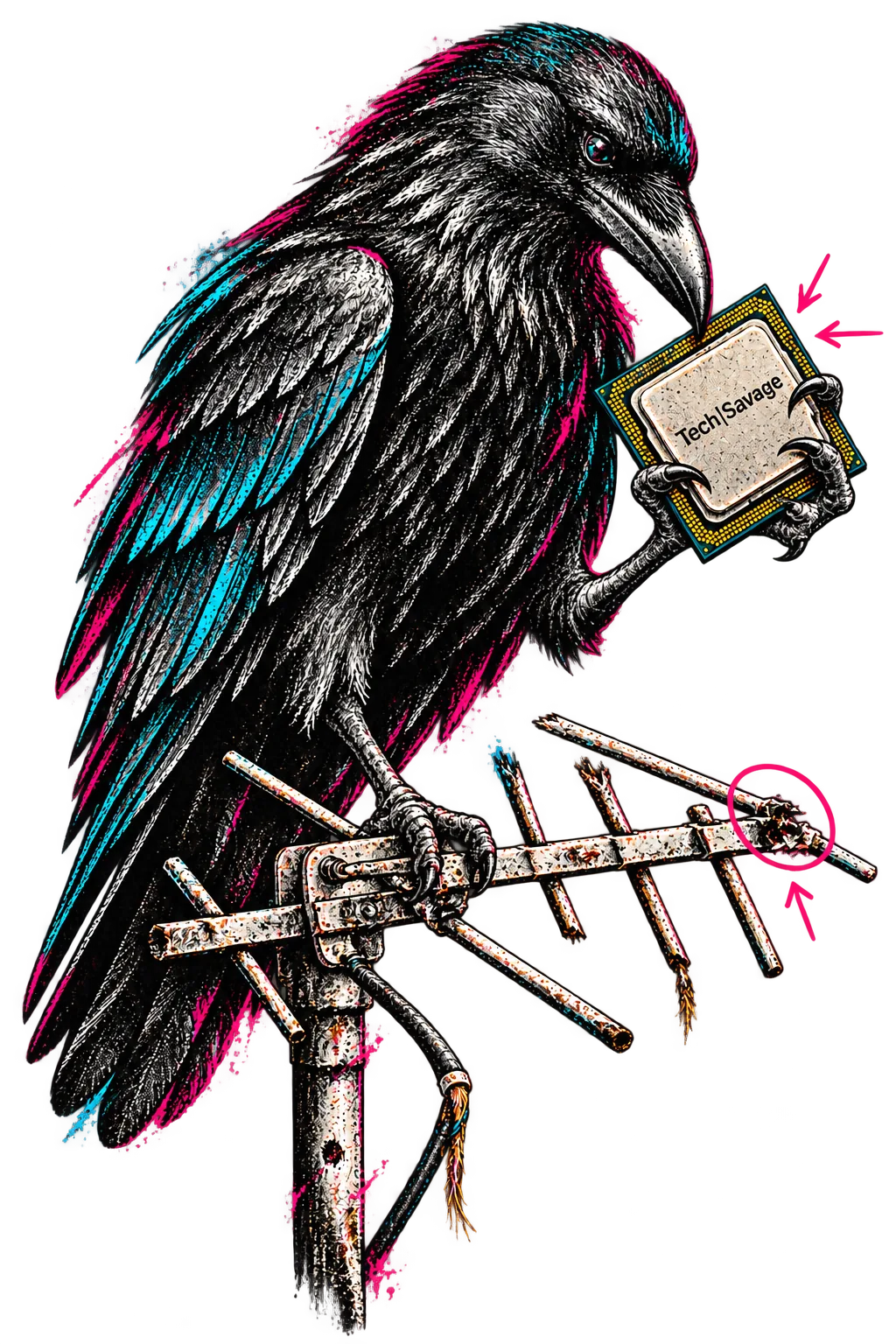 Signal Thief: a raven inked in black with pink and cyan highlights perches on a broken, rusting TV aerial, gripping a computer chip stamped Tech|Savage in its beak and claw. Pink circles and arrows mark the chip and the snapped aerial.