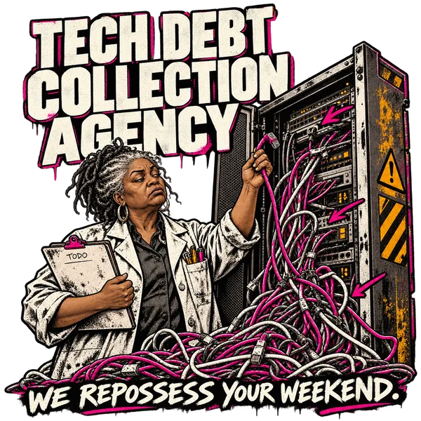 TECH DEBT COLLECTION AGENCY: a weary engineer with a TODO clipboard inspects a server cabinet spilling tangled cables. WE REPOSSESS YOUR WEEKEND.