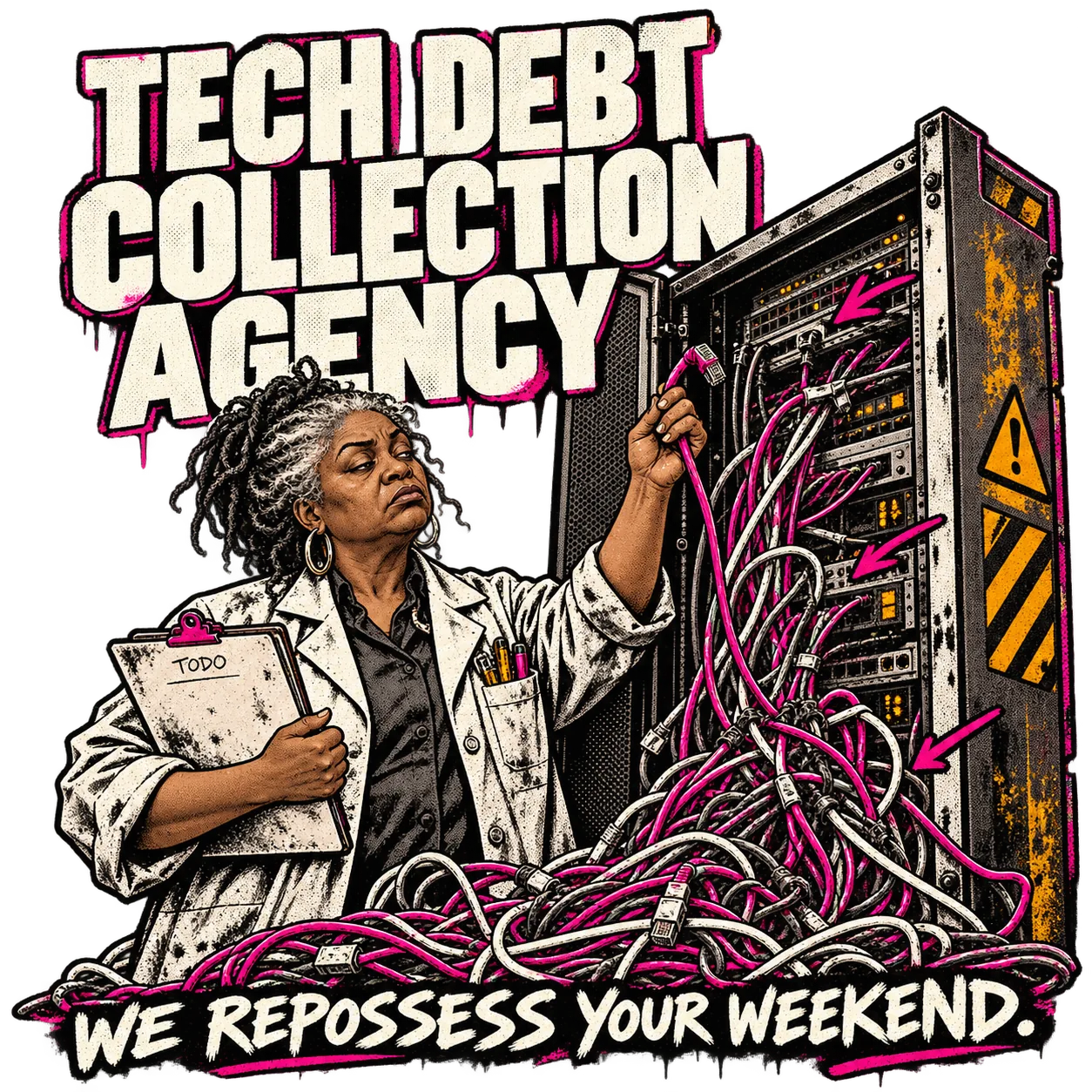 TECH DEBT COLLECTION AGENCY: a weary engineer with a TODO clipboard inspects a server cabinet spilling tangled cables. WE REPOSSESS YOUR WEEKEND.