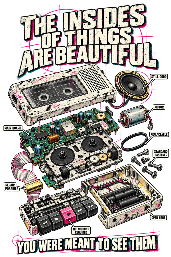 THE INSIDES OF THINGS ARE BEAUTIFUL: a portable cassette player is arranged as an exploded service diagram with its casing, circuit board, speaker, motor, belts, gears, controls, battery compartment and fasteners individually labelled. The footer reads YOU WERE MEANT TO SEE THEM.