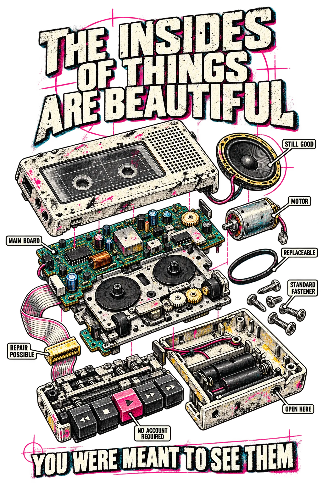 THE INSIDES OF THINGS ARE BEAUTIFUL: a portable cassette player is arranged as an exploded service diagram with its casing, circuit board, speaker, motor, belts, gears, controls, battery compartment and fasteners individually labelled. The footer reads YOU WERE MEANT TO SEE THEM.