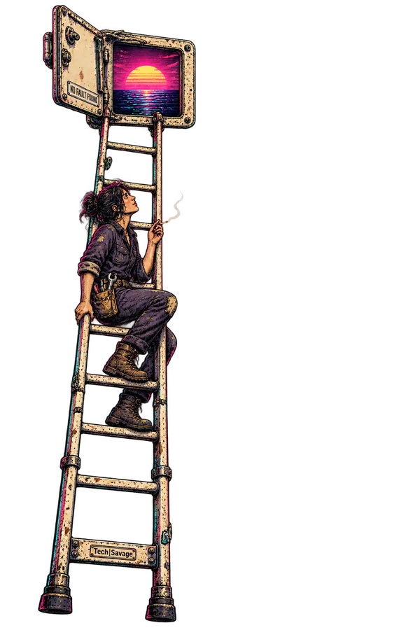The Interior Is Closed: a technician pauses partway up an extremely tall service ladder beneath a small open hatch displaying a sunset. Positioned above the wearer’s heart, the hatch carries a plate reading NO FAULT FOUND.