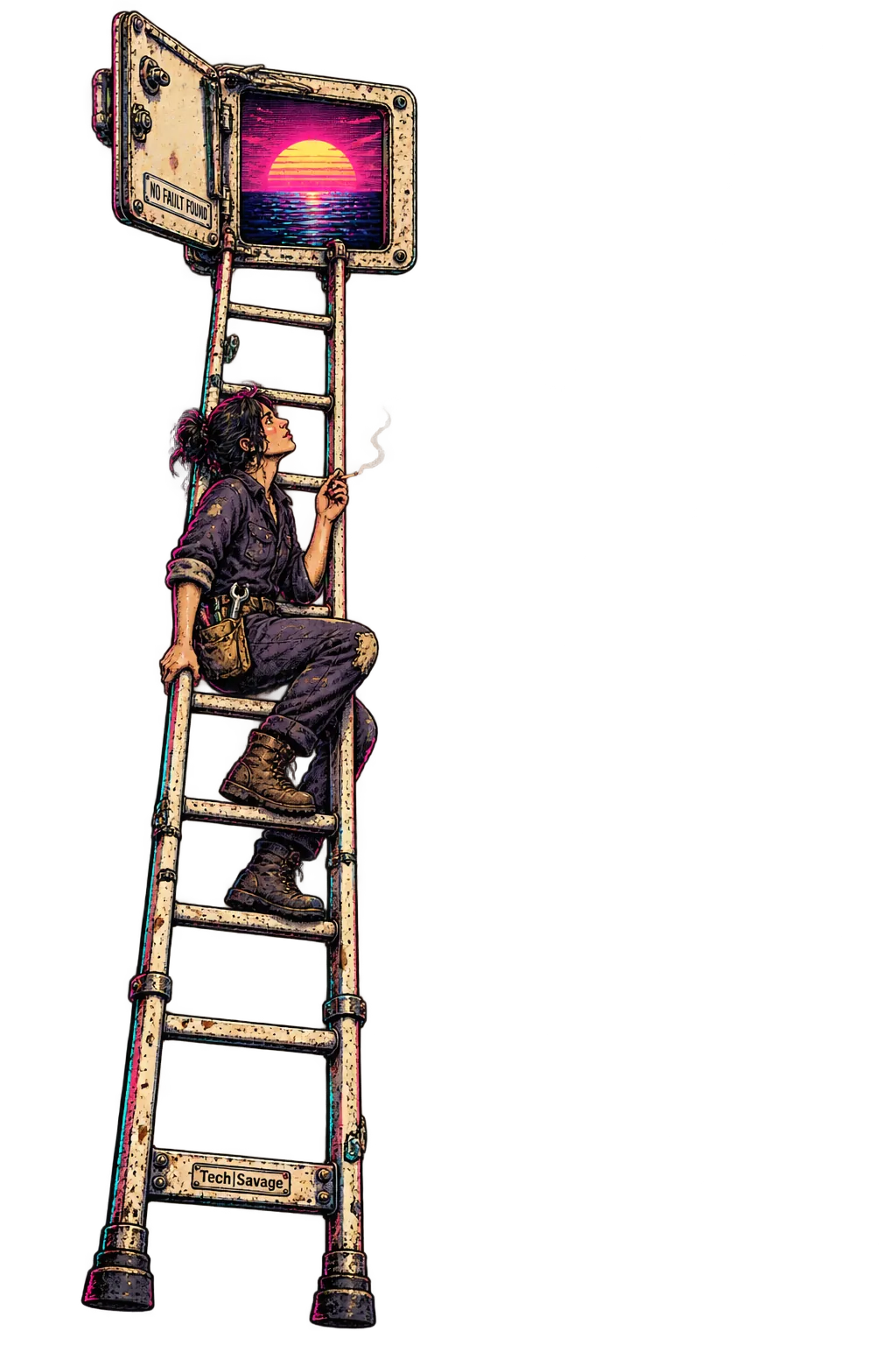 The Interior Is Closed: a technician pauses partway up an extremely tall service ladder beneath a small open hatch displaying a sunset. Positioned above the wearer’s heart, the hatch carries a plate reading NO FAULT FOUND.