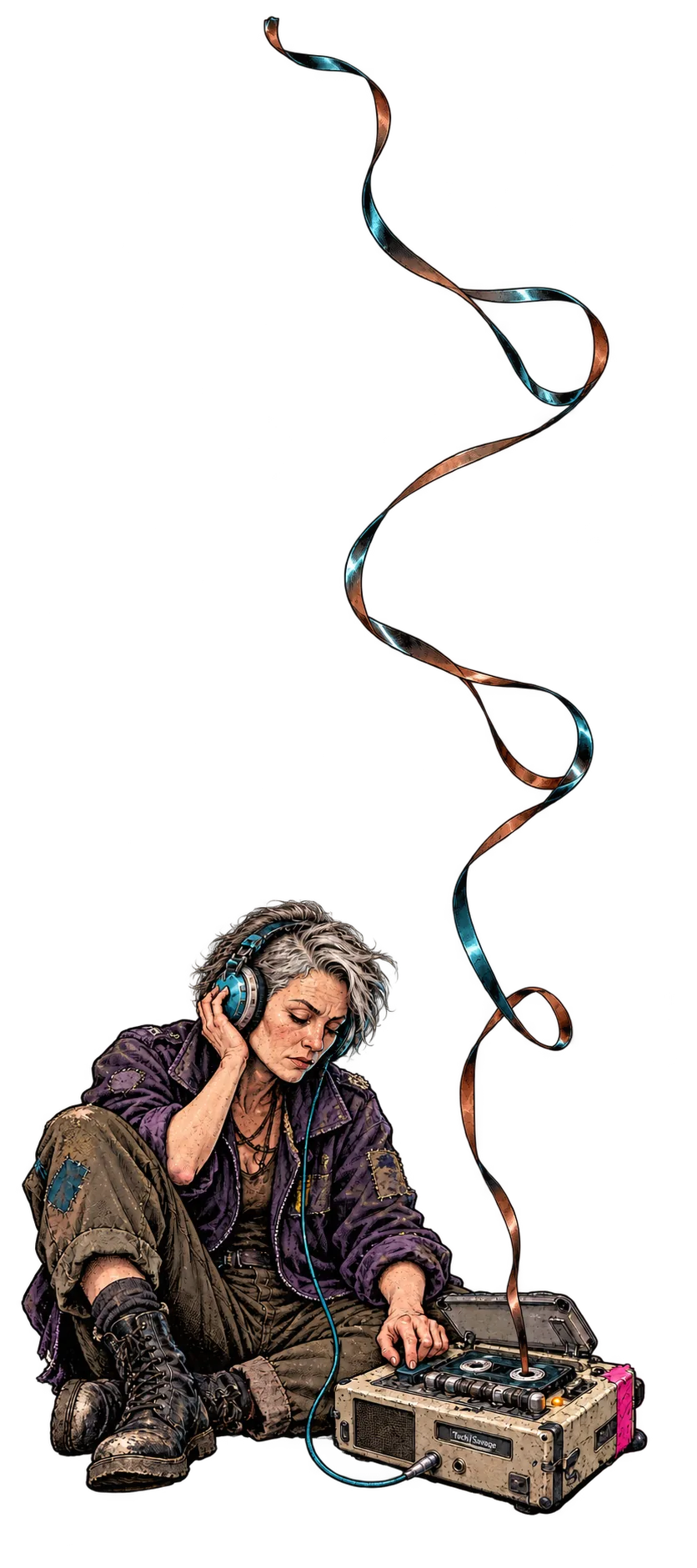 Unauthorised Backup: a listener sits beside a battered cassette recorder near the bottom of the design while a long ribbon of magnetic tape twists upwards through otherwise empty space.