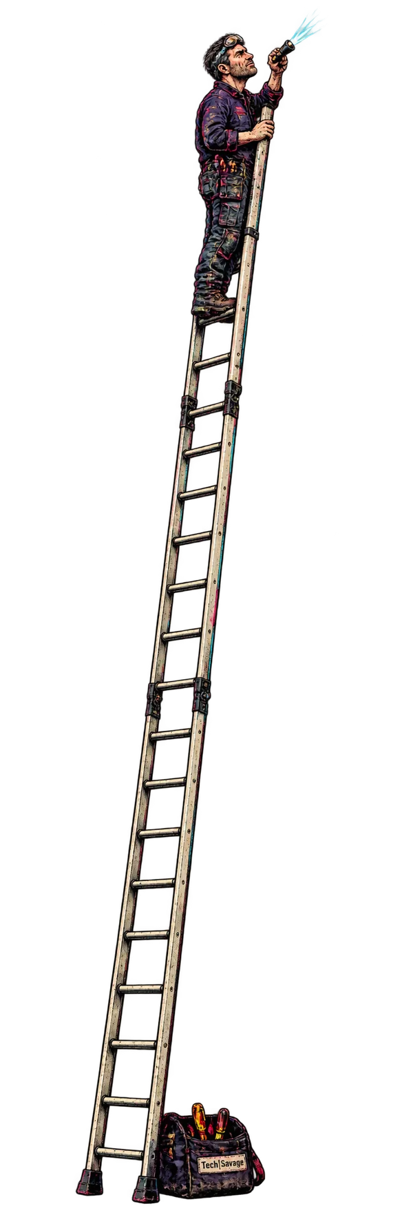 Under Maintenance: a nearly shirt-height ladder rises from a small tool bag at the hem to a tiny technician working with a bright cyan torch near the collar.