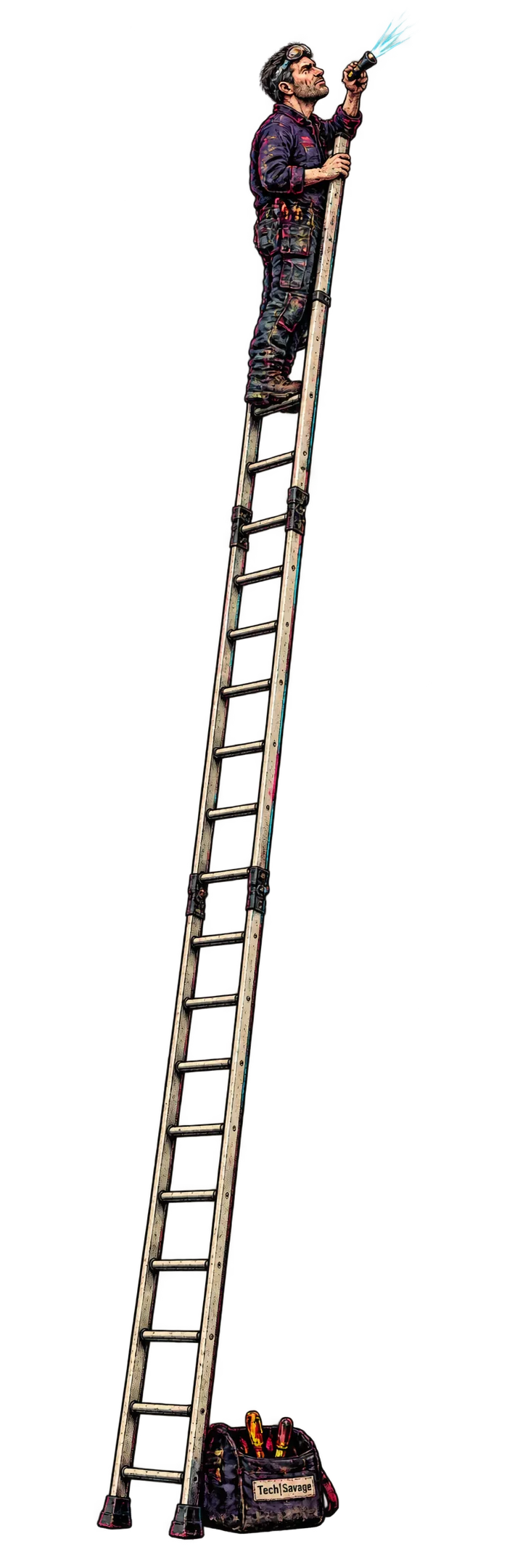 Under Maintenance: a nearly shirt-height ladder rises from a small tool bag at the hem to a tiny technician working with a bright cyan torch near the collar.