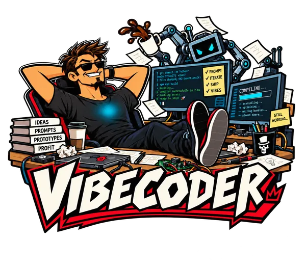 VIBECODER: a grinning coder in sunglasses lounges with his feet on the desk while robot arms work the monitors around him, coffee flying, a soft glow under his T-shirt and a skull in a top hat on the pen pot.