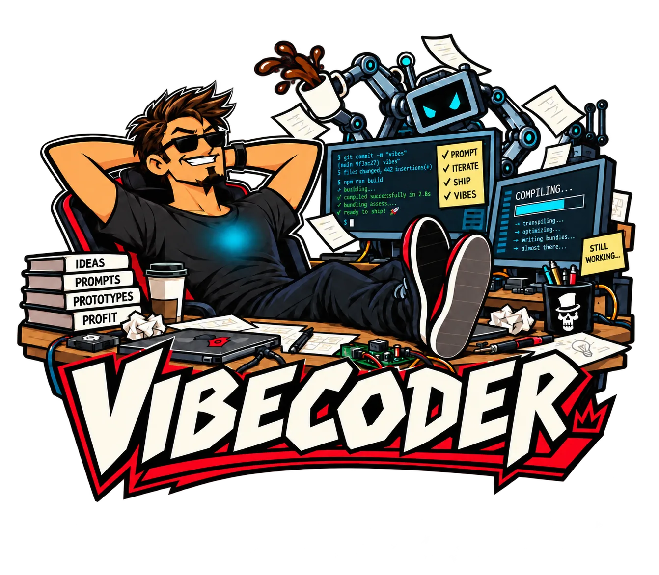 VIBECODER: a grinning coder in sunglasses lounges with his feet on the desk while robot arms work the monitors around him, coffee flying, a soft glow under his T-shirt and a skull in a top hat on the pen pot.