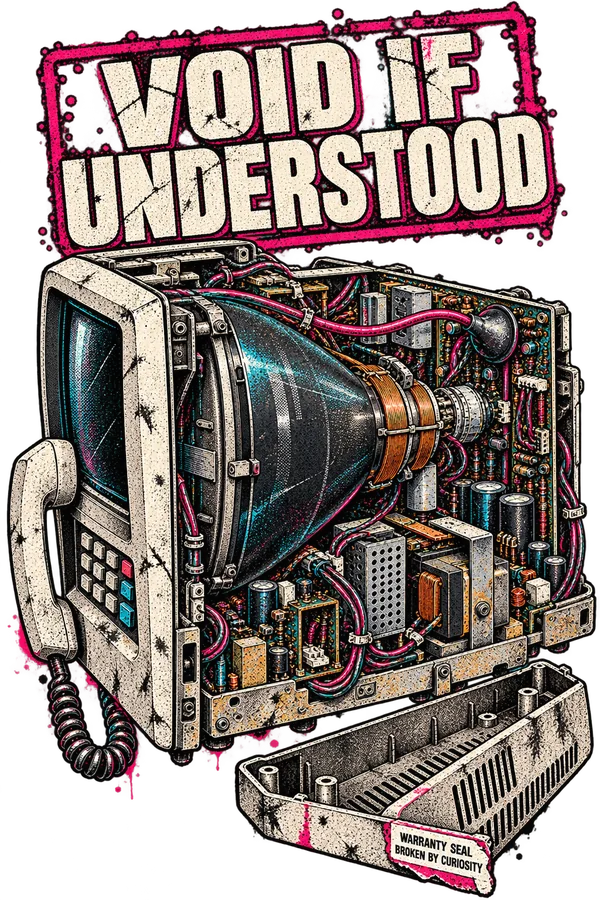 VOID IF UNDERSTOOD: a telephone-like CRT terminal is shown from behind with its casing removed, exposing the glass tube, copper coils, transformer, boards, capacitors and wiring. A small torn seal on the discarded cover reads WARRANTY SEAL — BROKEN BY CURIOSITY.
