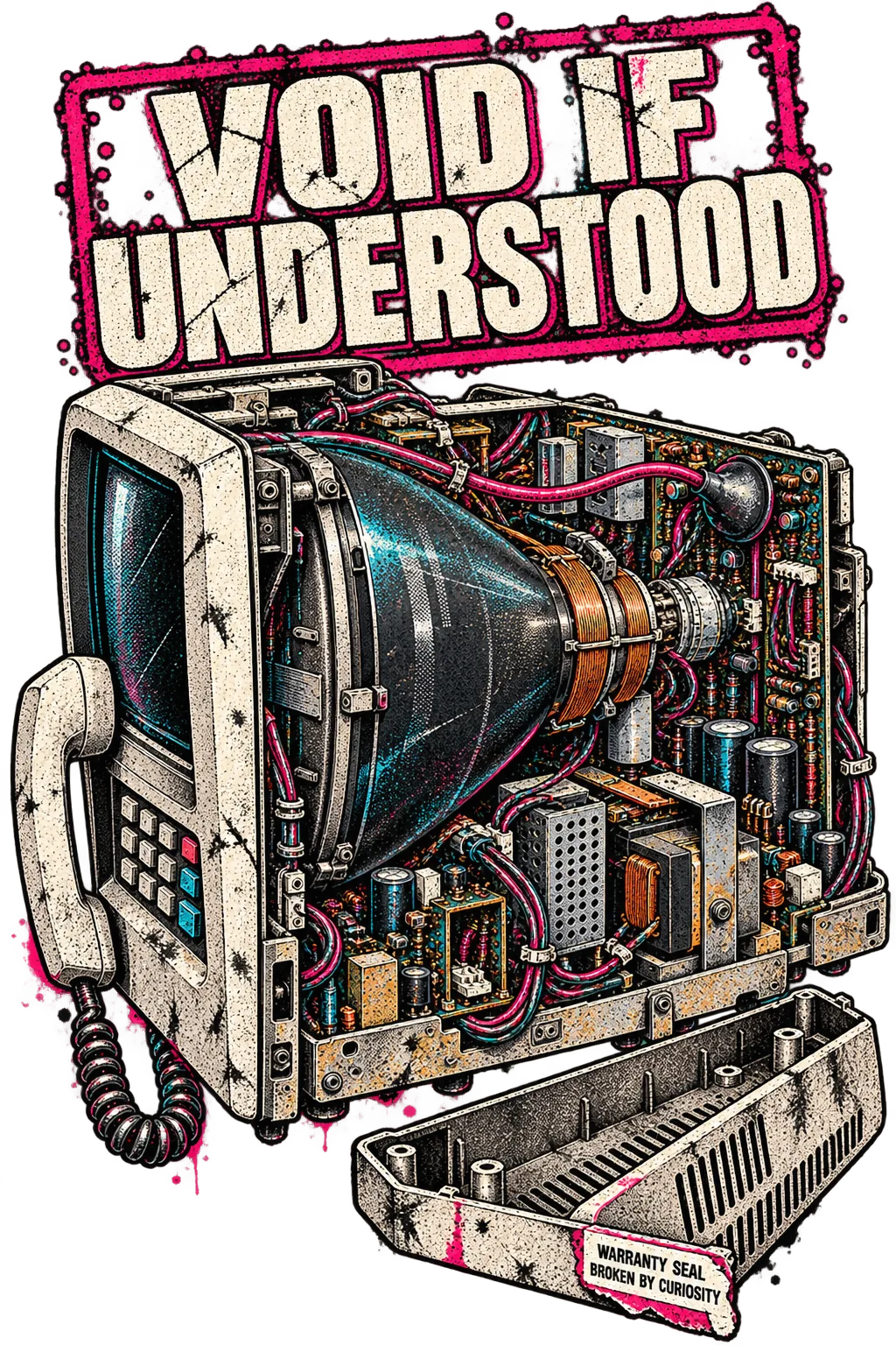 VOID IF UNDERSTOOD: a telephone-like CRT terminal is shown from behind with its casing removed, exposing the glass tube, copper coils, transformer, boards, capacitors and wiring. A small torn seal on the discarded cover reads WARRANTY SEAL — BROKEN BY CURIOSITY.